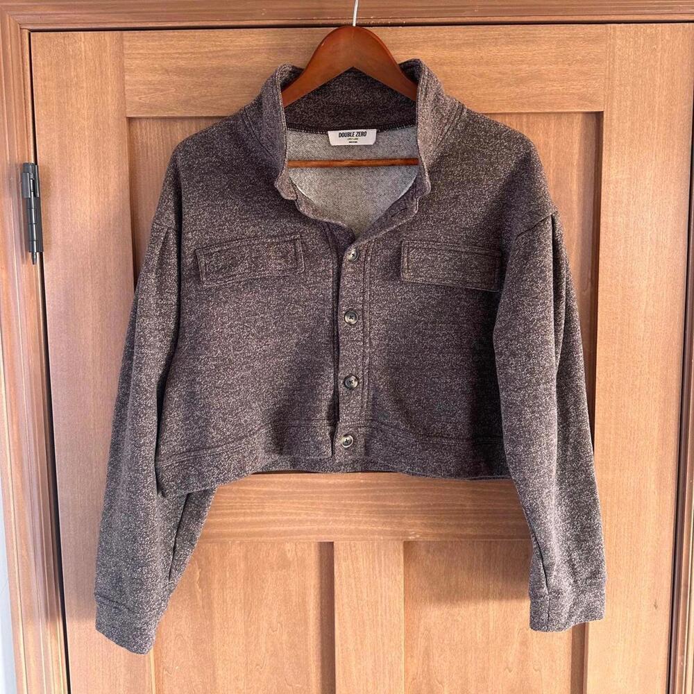Double Zero Cropped Button Up Long Sleeve Shacket Sweater Heathered Brown Large